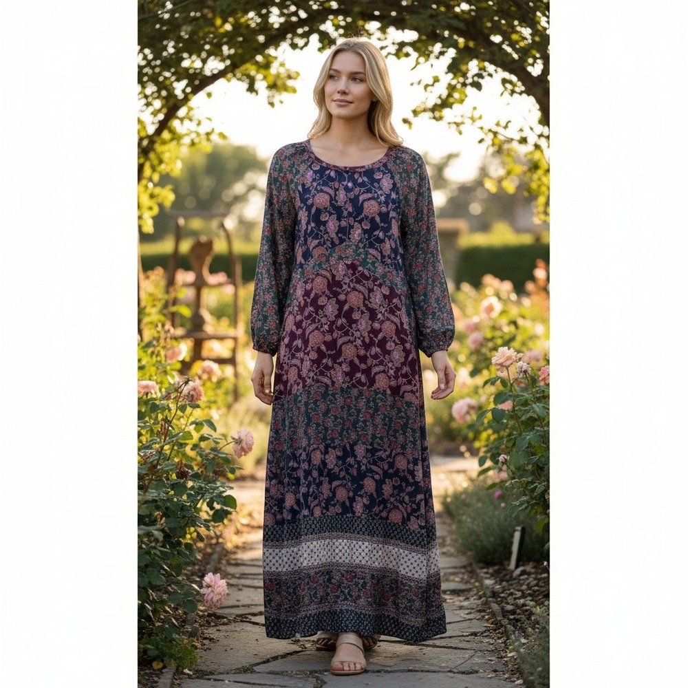Cabi Serene Festive Dress Womens Medium Purple Floral Long Sleeve Maxi 3675